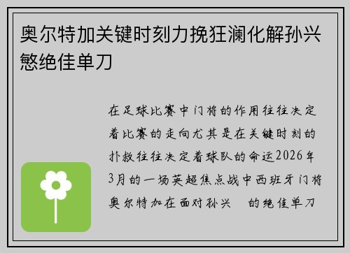 奥尔特加关键时刻力挽狂澜化解孙兴慜绝佳单刀