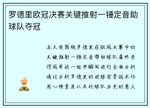 罗德里欧冠决赛关键推射一锤定音助球队夺冠